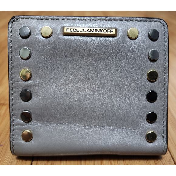 Rebecca Minkoff Women's Small Square Wallet Gray Leather Studs Bifold Zip Card - Picture 1 of 14